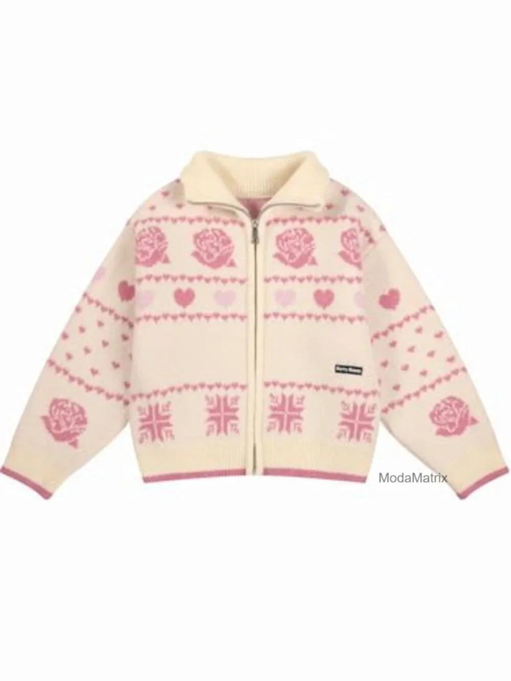 Girls Zip Up Cardigan Sweater Winter Knit Coat Rose Heart Design School Uniform